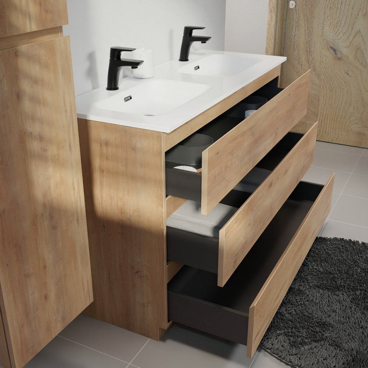 Linie Lado freistehendes Möbelstück Set: 120 x 46 cm, Naturbelassene Eiche, mit Baro Doppelwaschtisch, Porzellan Weiß glänzend