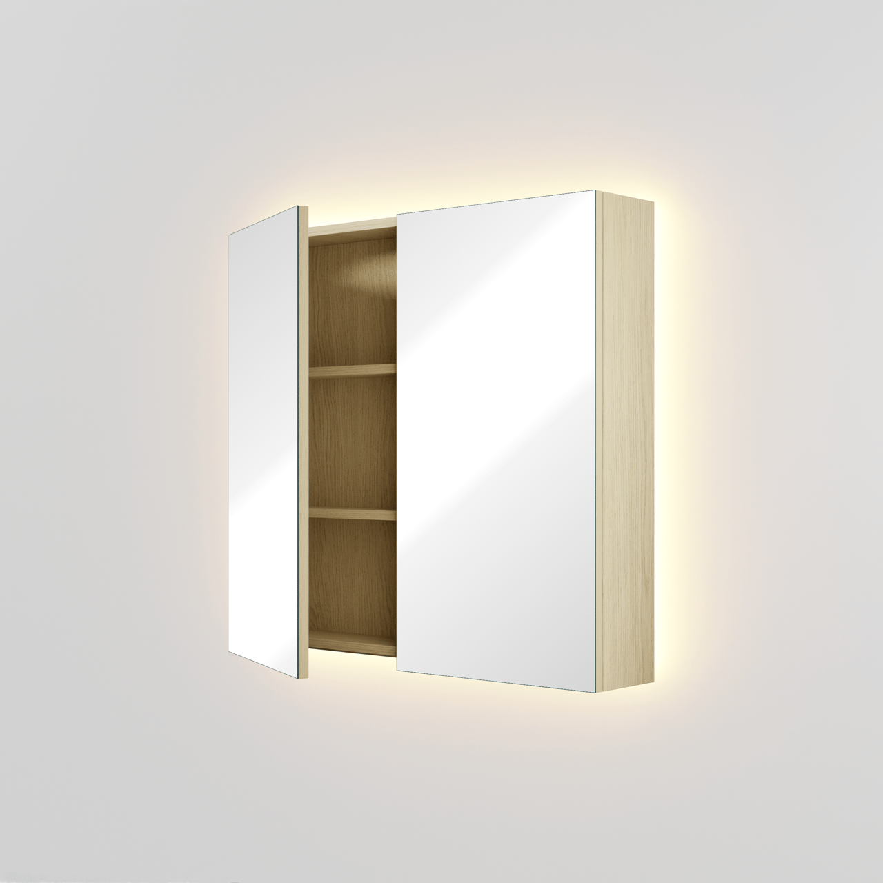 Linie Montro Spiegelschrank Bad: 80 x 75 cm, skandinavische Eiche, mit Spiegelbeleuchtung