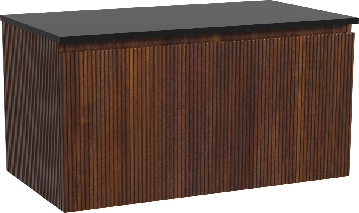 Storke Ribs hängendes Möbelstück Set: 95 x 52 cm, Nussbaum, mit Panton Einzel Waschtischplatte, Pulverbeschichtetes MDF, Schwarz matt, Vertikale symmetrische gerade Rippe