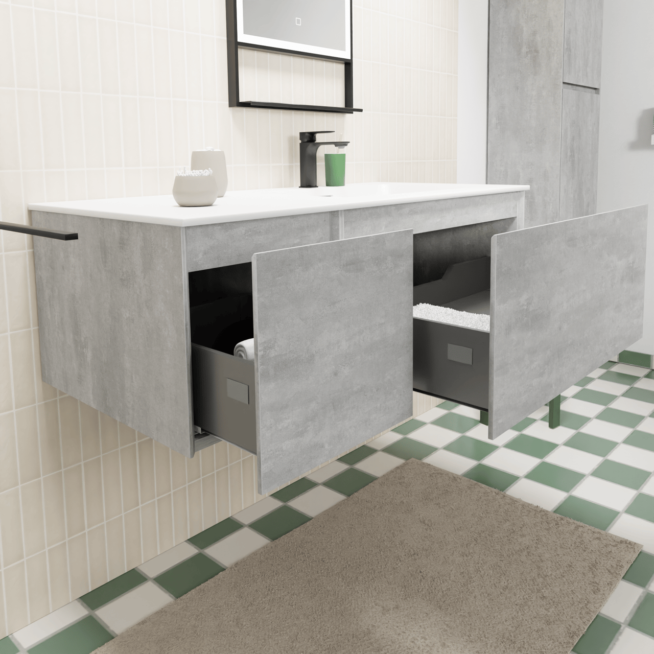 Storke Edge meuble salle de bains suspendu 110 x 52 cm béton gris foncé avec Mata plan vasque asymétrique à droite en solid surface blanc mat