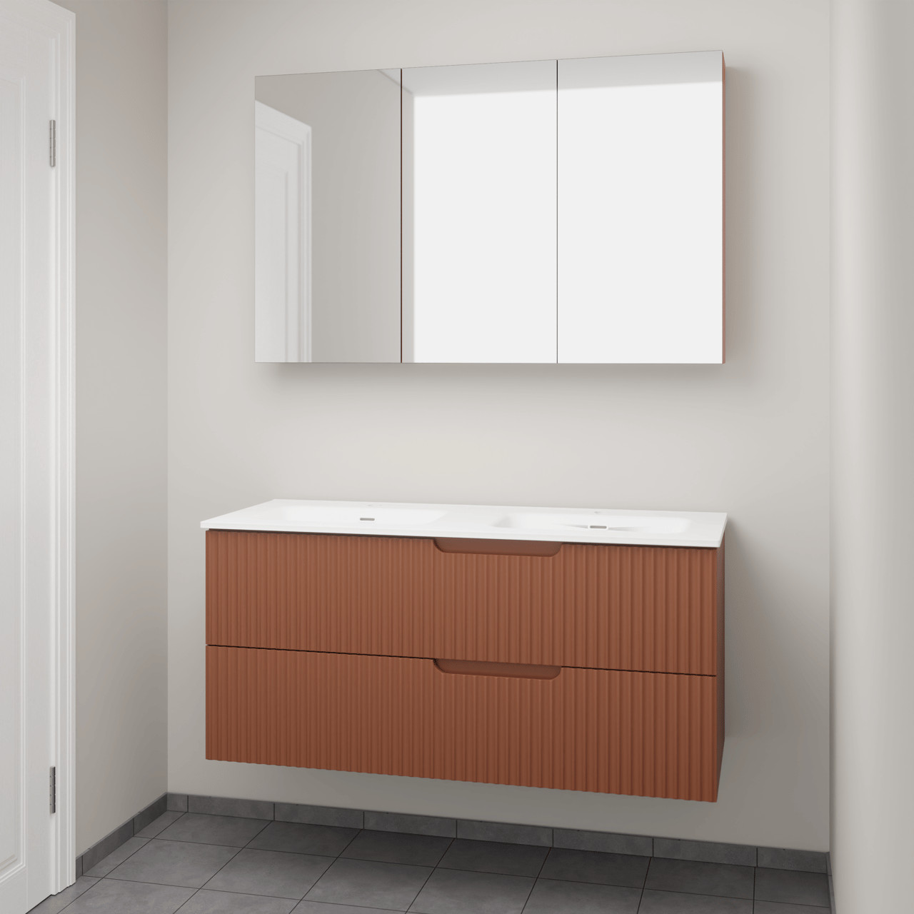 Linie Ribbo hängendes Möbelstück Set: 120 x 46 cm, Cotto, mit Baro Doppelwaschtisch, Porzellan, Weiß glänzend, Vertikale symmetrische runde Rippe und Montro Spiegelschrank