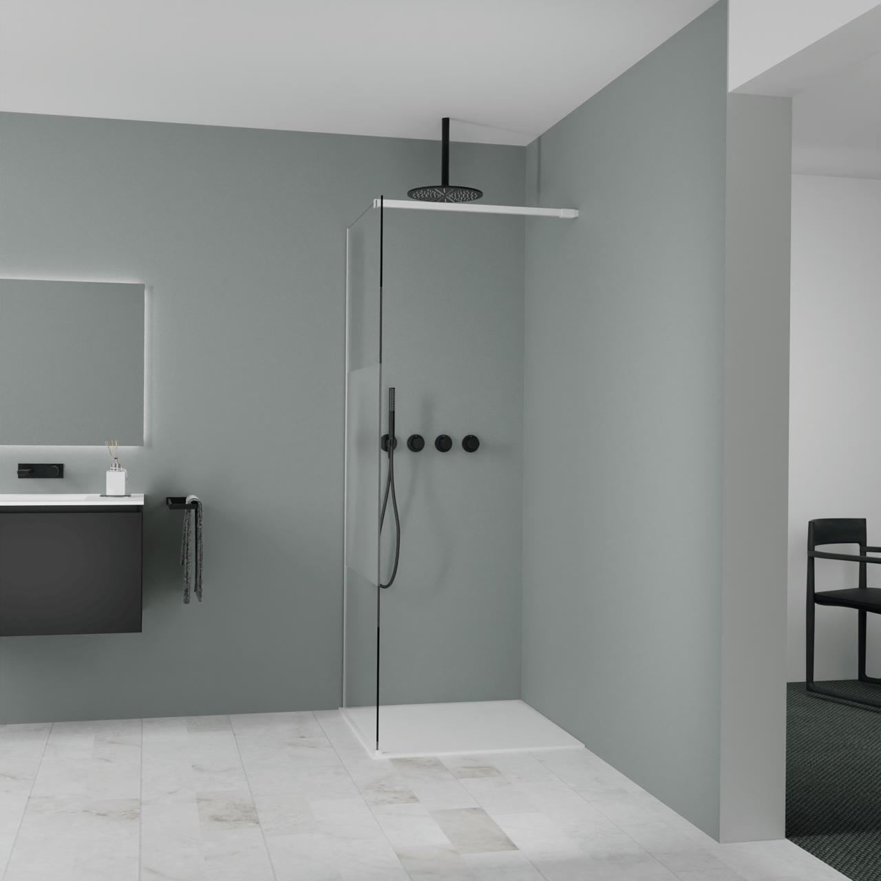 Balmani Modular inloopdouche: 80 x 200 cm, Helder glas met matte strook, Mat witte profielen