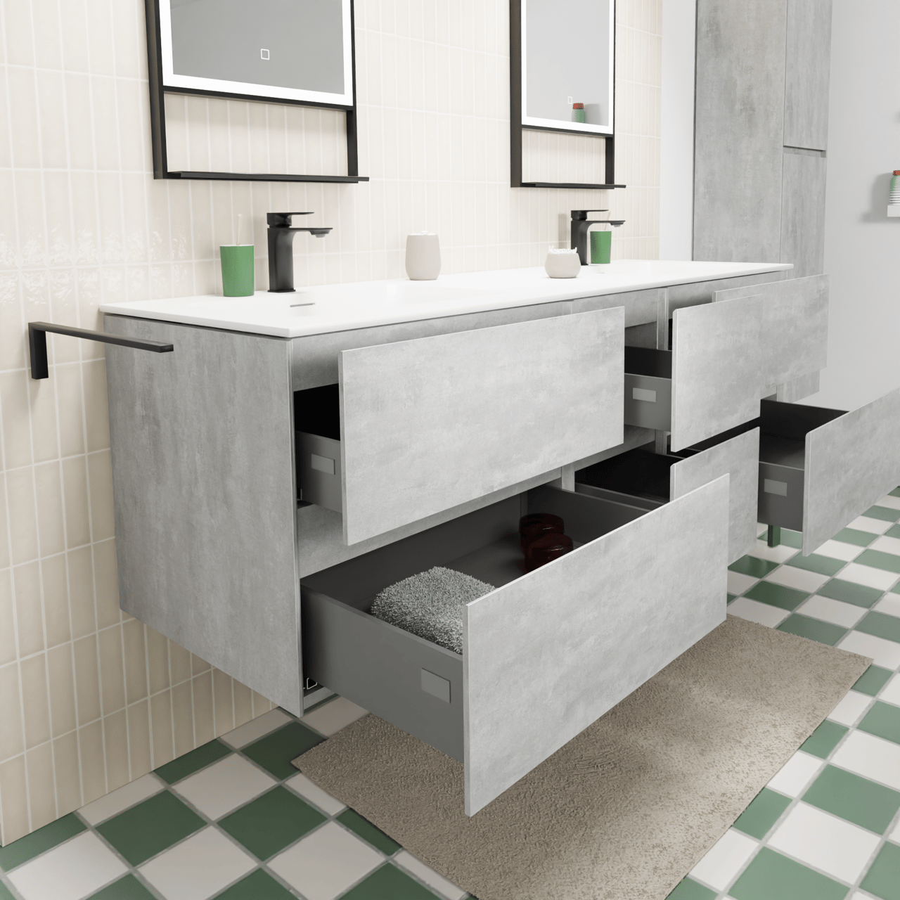 Storke Edge zwevend badkamermeubel 165 x 52 cm beton donkergrijs met Mata dubbele wastafel in solid surface mat wit