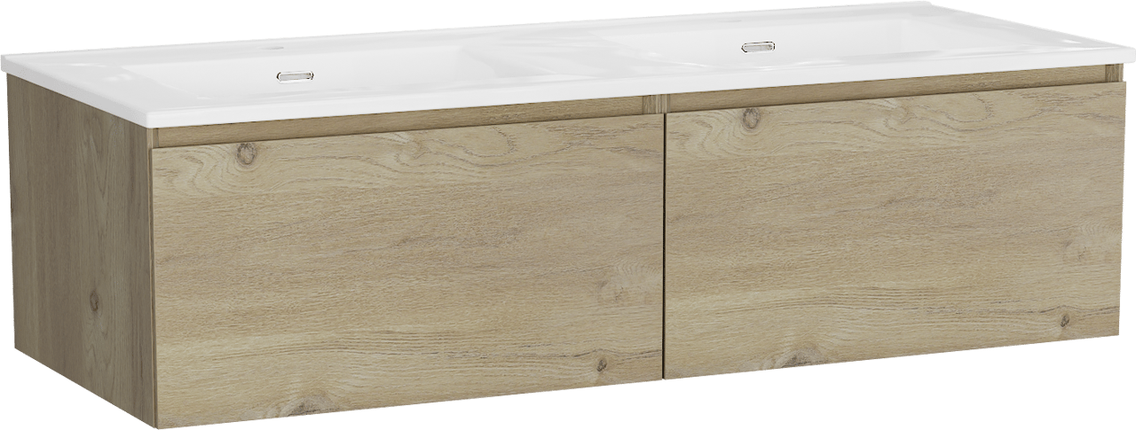 Storke Edge zwevend badkamermeubel 130 x 52 cm ruwe eik met Kera dubbele wastafel in porselein hoogglans wit, afvoerpluggen inbegrepen