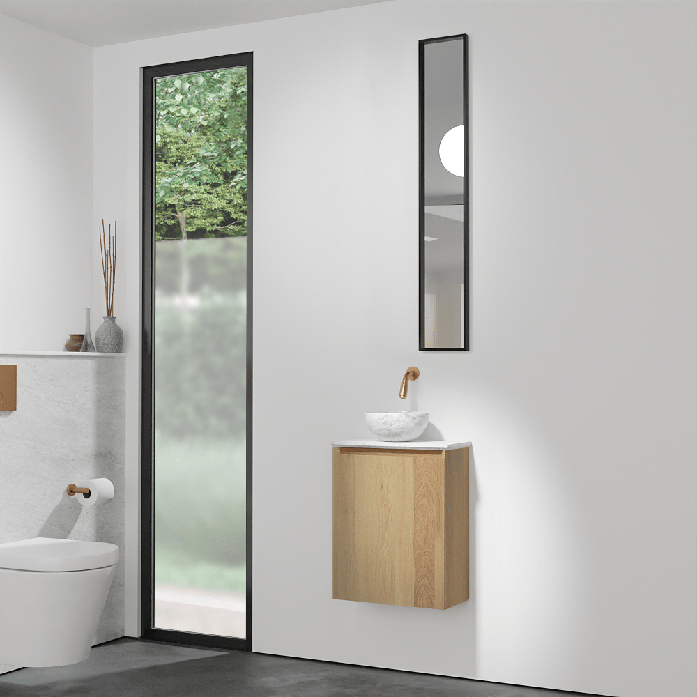 Balmani Mitra zwevend toiletmeubel 42 x 21 cm natuur eik met Facetta tablet en Bari XS waskom in Carrara marmer