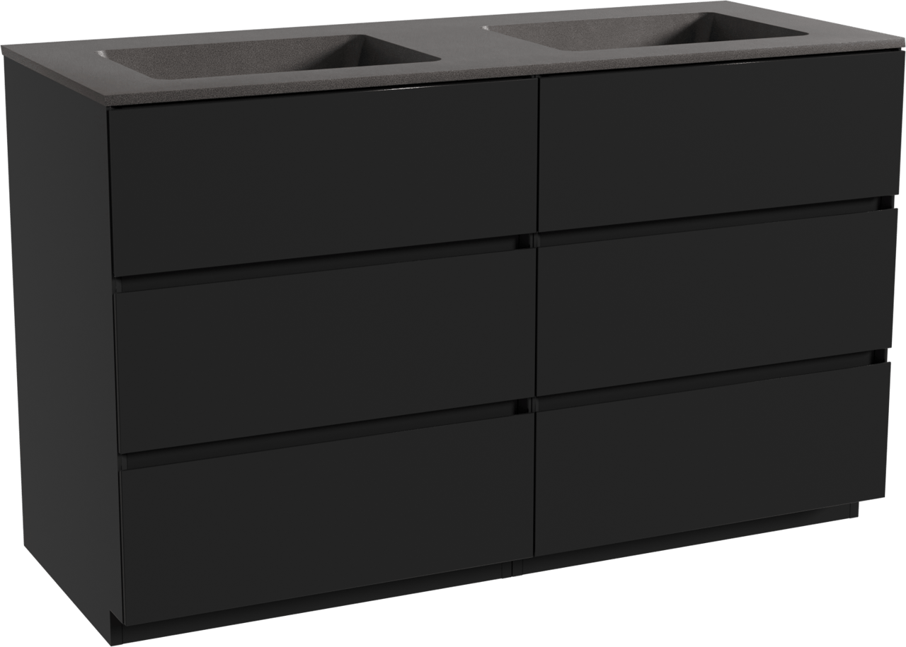 Storke Edge staand badkamermeubel 130 x 52 cm mat zwart met Scuro dubbele wastafel in kwarts mat zwart