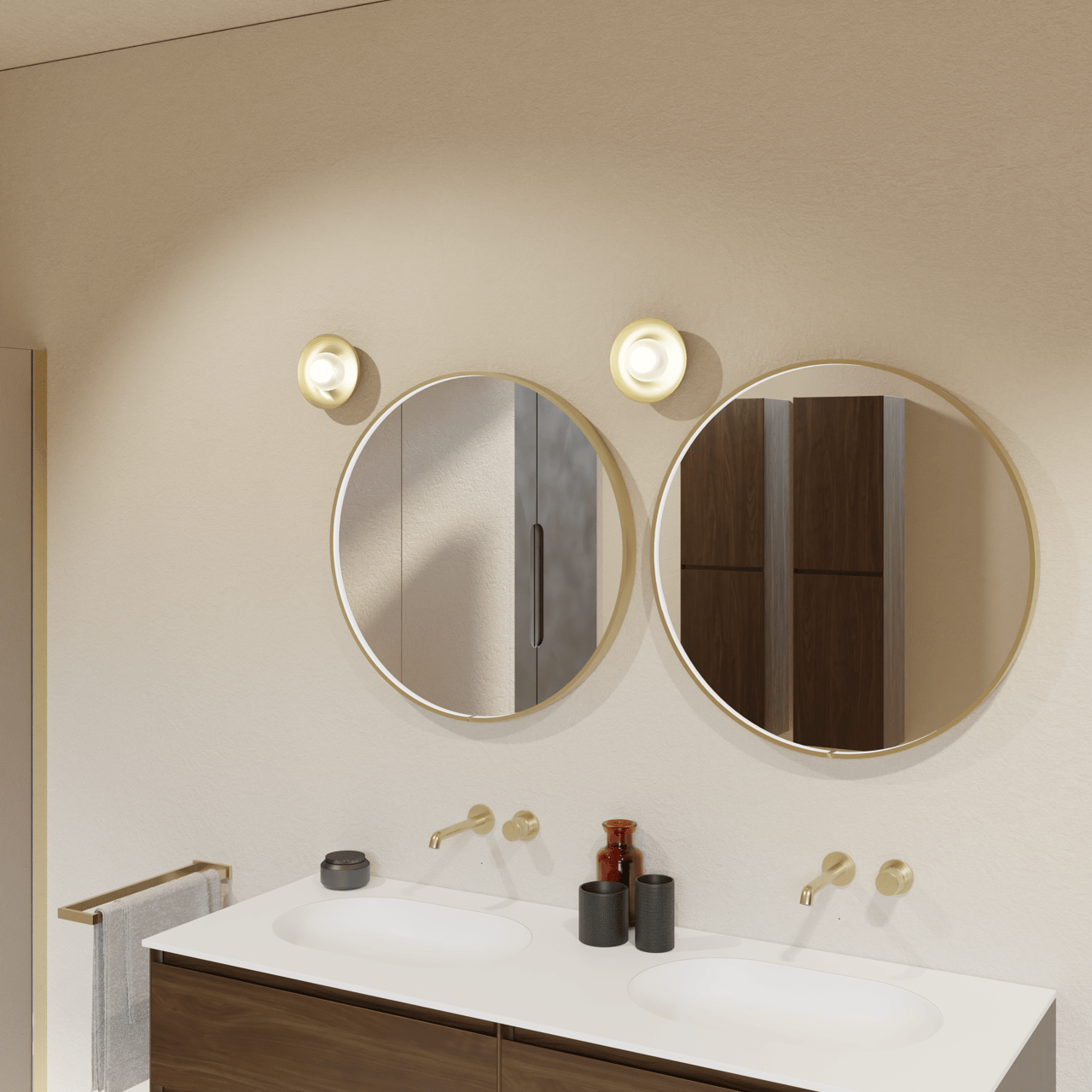 Balmani Secret rund Brushed Champagne Gold Badezimmerspiegel Ø 70 cm mit Spiegelbeleuchtung und Anti-Beschlag Spiegelheizung