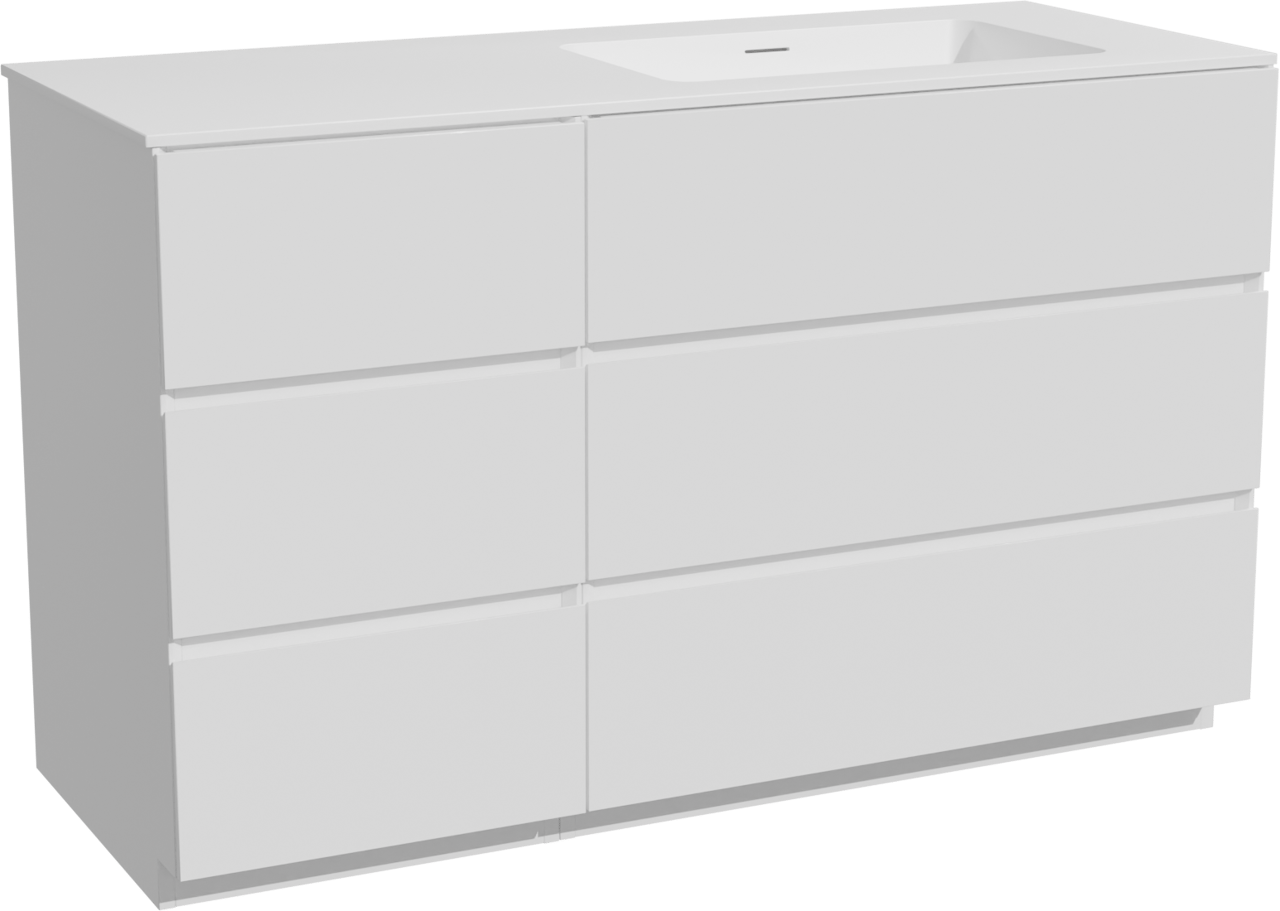 Storke Edge freistehendes Möbelstück Set: 130 x 52 cm, Weiß matt, mit Mata Waschtisch rechts, Solid Surface Weiß matt
