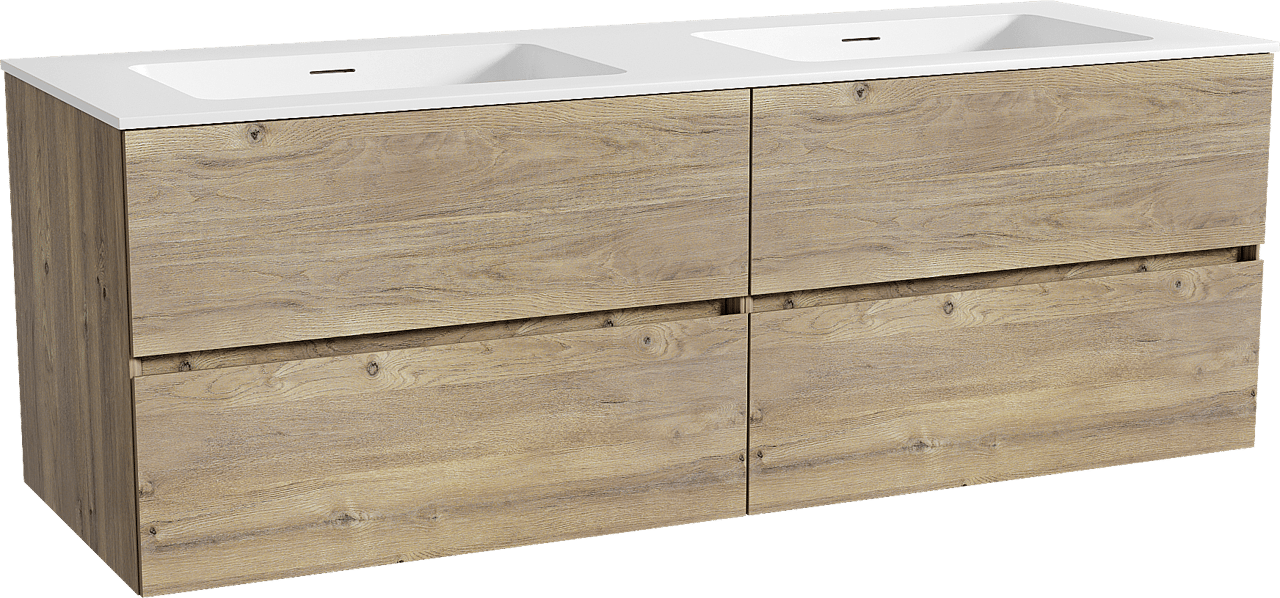 Storke Edge hängendes Möbelstück Set: 150 x 52 cm, Rohe Eiche, mit Mata Doppelwaschtisch, Solid Surface Weiß matt