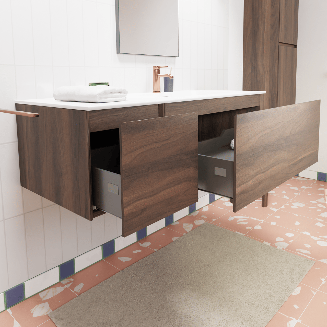 Storke Edge zwevend badkamermeubel 120 x 52 cm notelaar met Mata asymmetrisch rechtse wastafel in solid surface mat wit