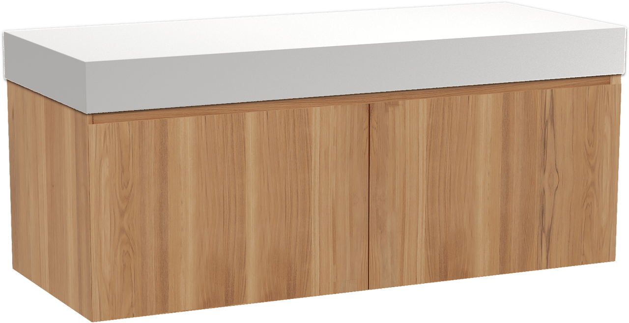 Balmani Idra by Mitra zwevend badkamermeubel 135 x 55 cm teak met Dominus enkel of dubbel tablet in solid surface mat wit