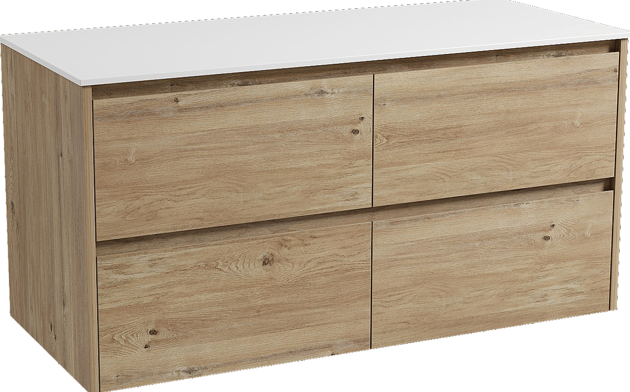 Storke Seda zwevend badkamermeubel 120 x 52 cm ruwe eik met Tavola enkel of dubbel tablet in solid surface mat wit