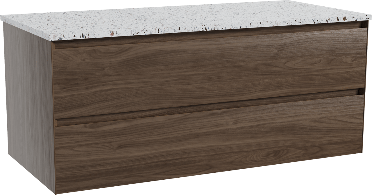 Balmani Mitra meuble salle de bains suspendu 120 x 55 cm noyer américain avec Stretto tablette simple ou double en blanc/noir mat terrazzo