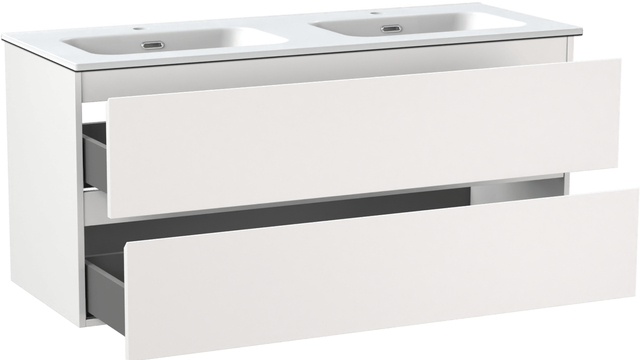Linie Lado meuble salle de bains suspendu 120 x 46 cm blanc mat avec Baro double vasque en porcelaine blanc mat