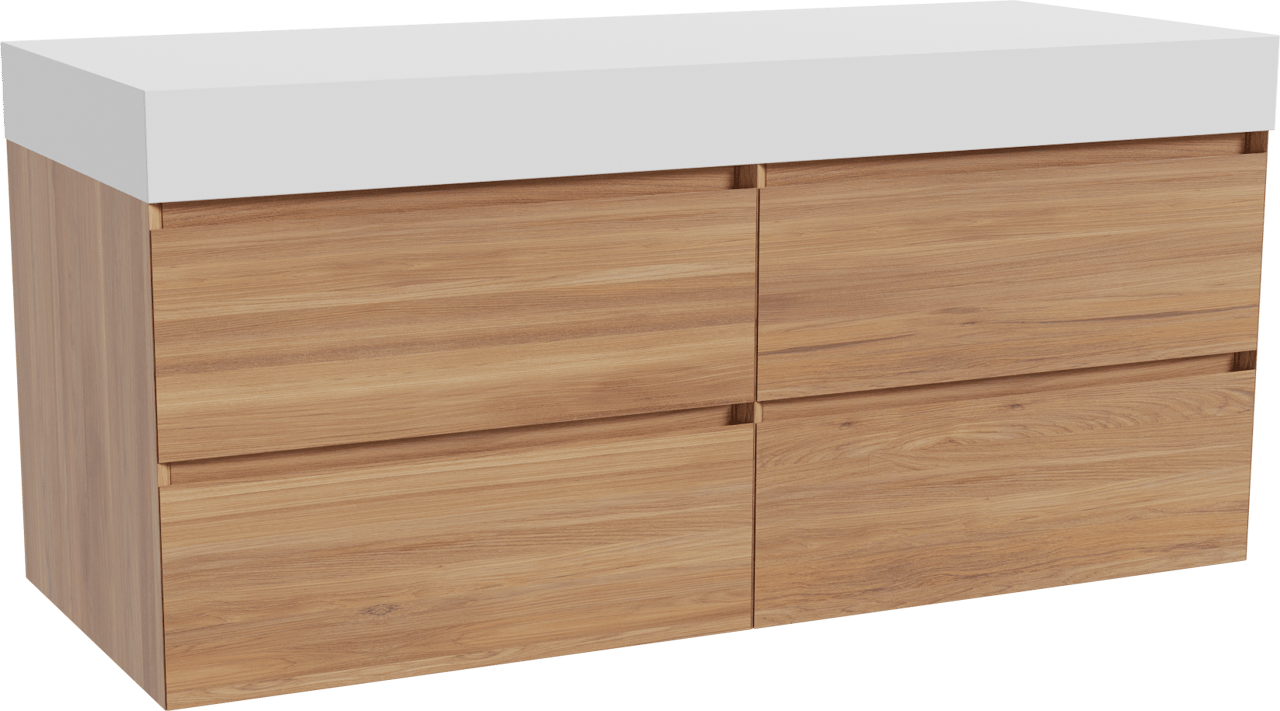 Balmani Mitra meuble salle de bains suspendu 135 x 55 cm teck avec Dominus tablette simple ou double en solid surface blanc mat