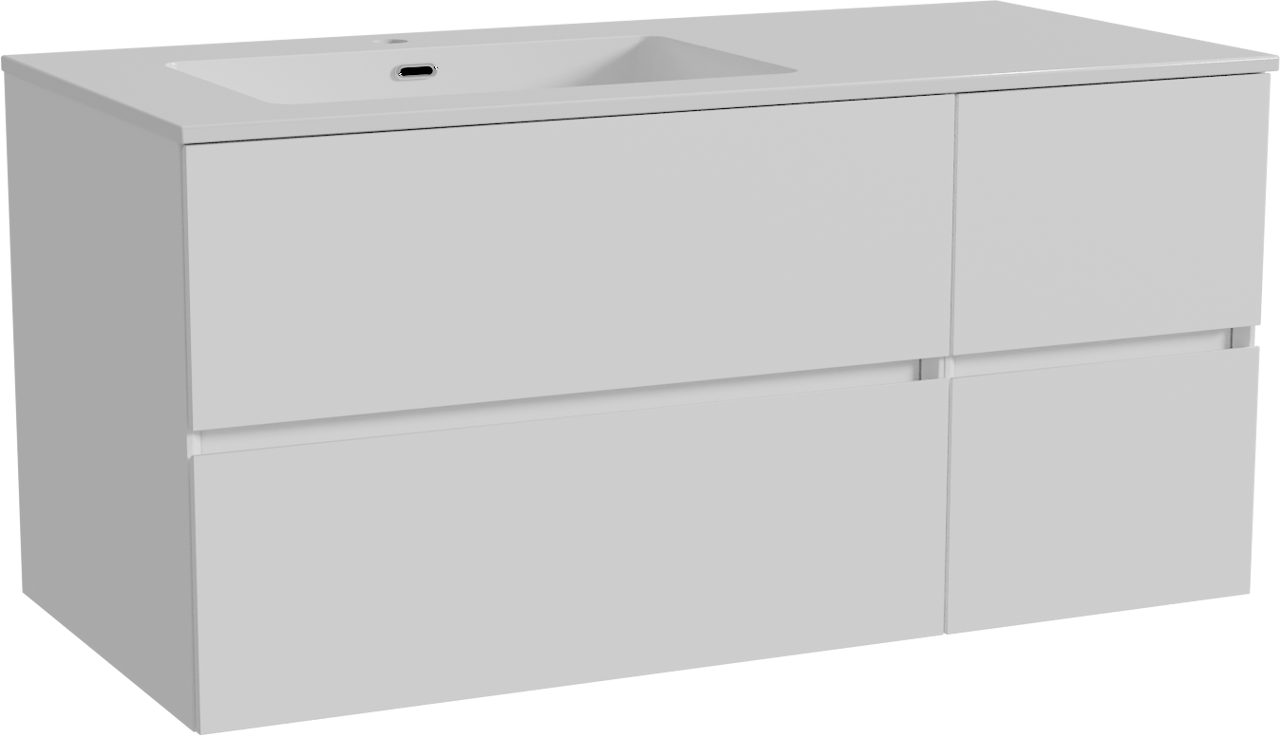 Storke Edge meuble salle de bains suspendu 110 x 52 cm blanc mat avec Diva vasque asymétrique gauche en marbre composite blanc brillant
