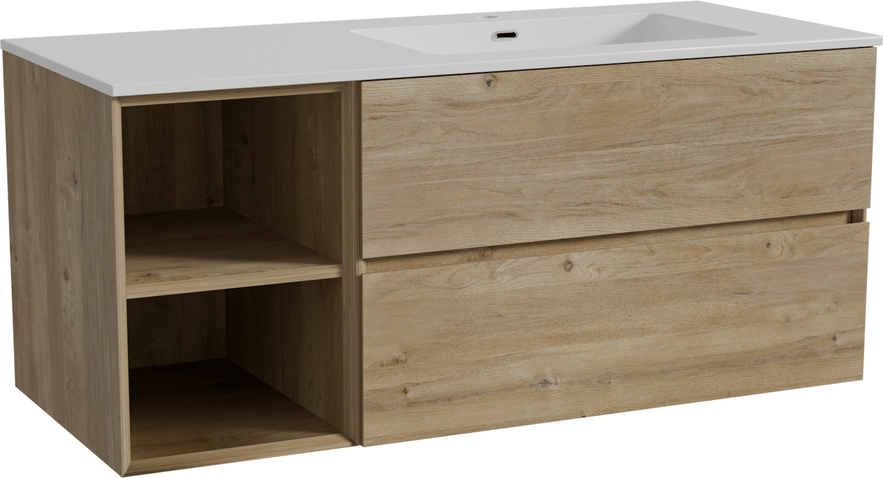 Storke Edge zwevend badmeubel 120 x 52 cm ruw eiken met Diva asymmetrisch rechtse wastafel in composietmarmer hoogglans wit