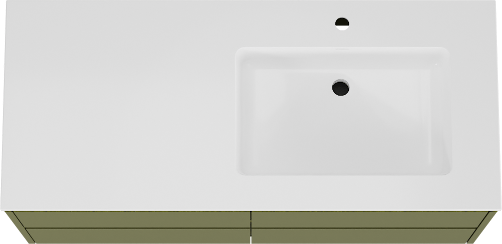 Storke Seda zwevend badkamermeubel 120 x 52 cm olijfgroen met Bilia asymmetrisch rechtse wastafel in composietmarmer glanzend wit