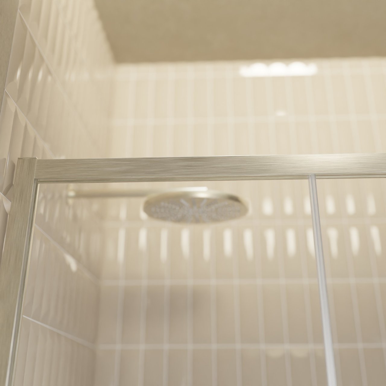 Balmani Senses Design Dusche Schiebetür, Rechts, 160 cm x 210 cm, Klarglas mit mattiertem Streifen, Profil Brushed CoolMetal, inklusive Coating