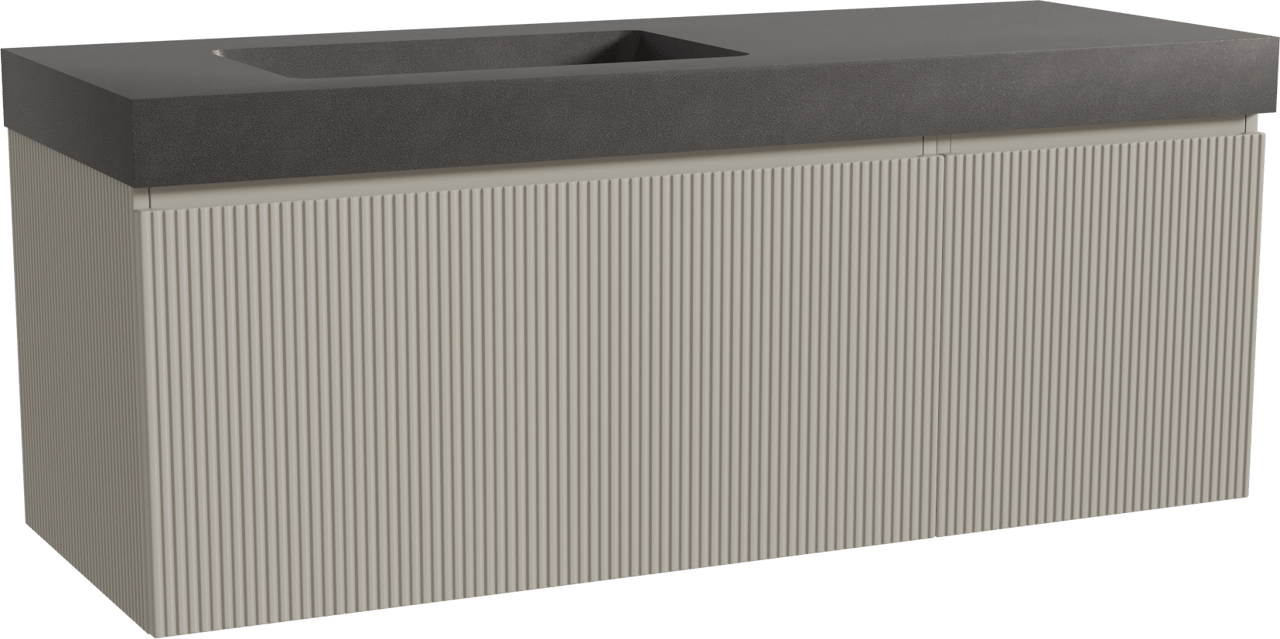 Storke Ribs meuble salle de bains suspendu 140 x 52 cm soie grise avec Scuro High plan vasque asymétrique à gauche en quartz noir mat, Nervure droite symétrique verticale