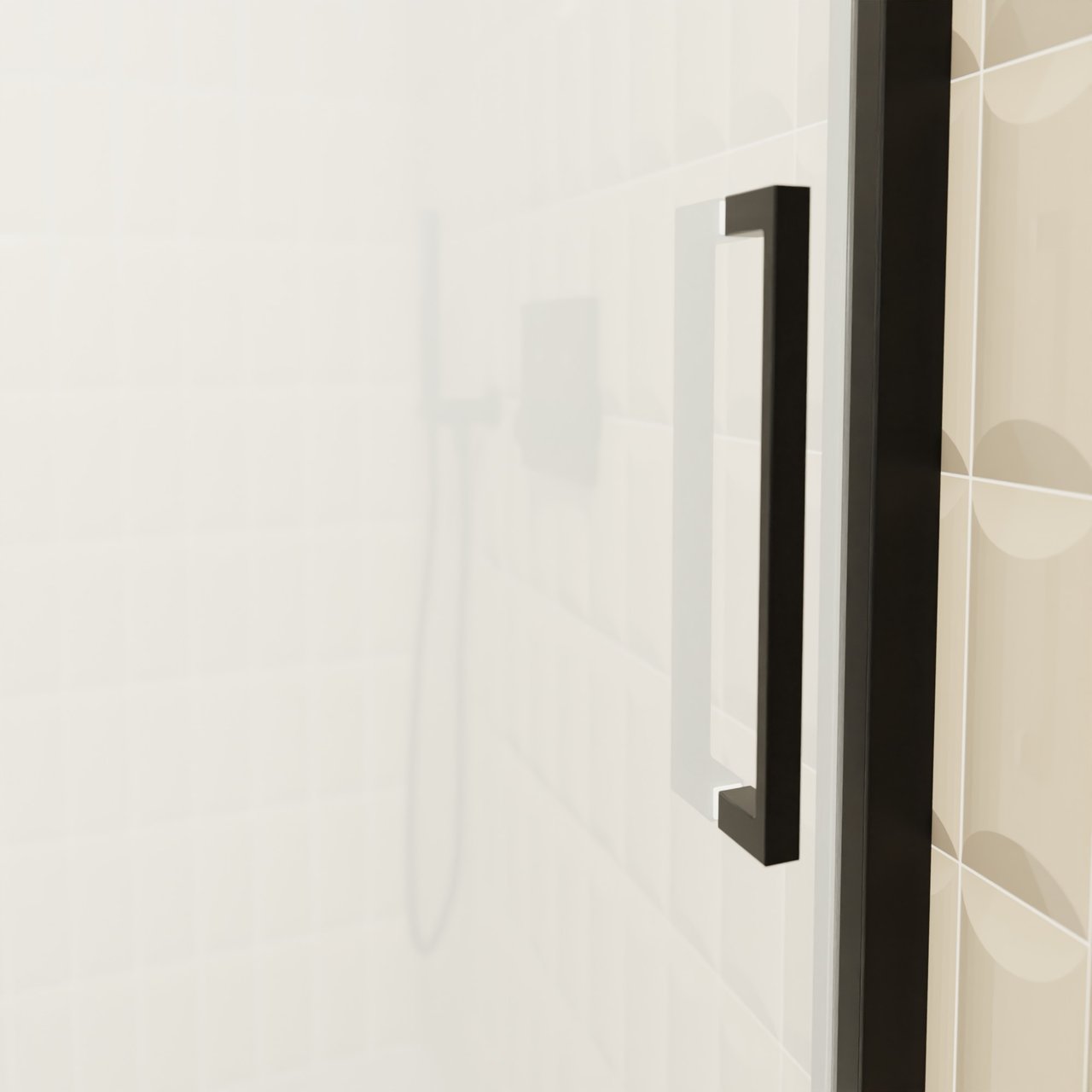 Balmani Senses Design douche schuifdeur links 160 cm x 210 cm Helder glas met matte strook glas, Zwarte profielen, met coating