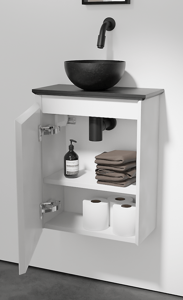 Balmani Mitra meuble wc suspendu 42 x 21 cm blanc mat avec Facetta tablette et Bari XS vasque à poser en granite aiguisé