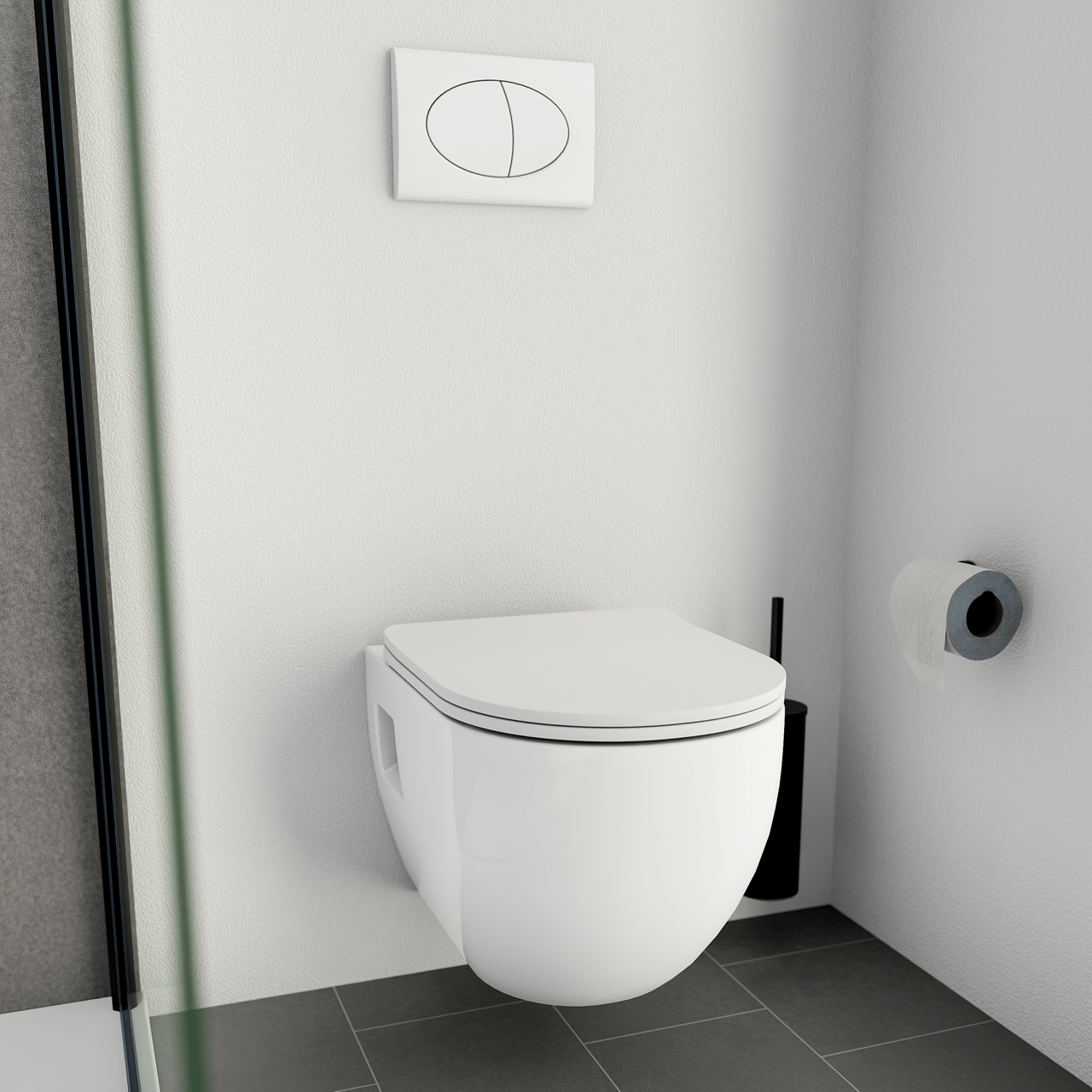 Linie  Waldo  hangend toilet hoogglans wit randloos met Linie Ilana inbouwreservoir en bedieningspaneel