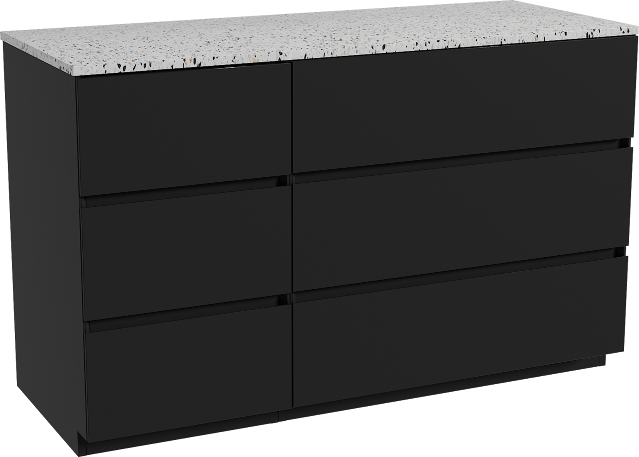 Storke Edge freistehendes Möbelstück Set: 130 x 52 cm, Schwarz matt, mit Tavola Einzel- oder Doppel Waschtischplatte, Terrazzo in Weiß/Schwarz matt