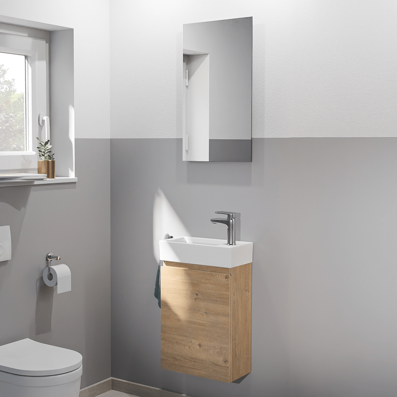 Linie Lado meuble wc suspendu 40 x 22 cm chêne naturel avec Baro lavabo en céramique blanc brillant