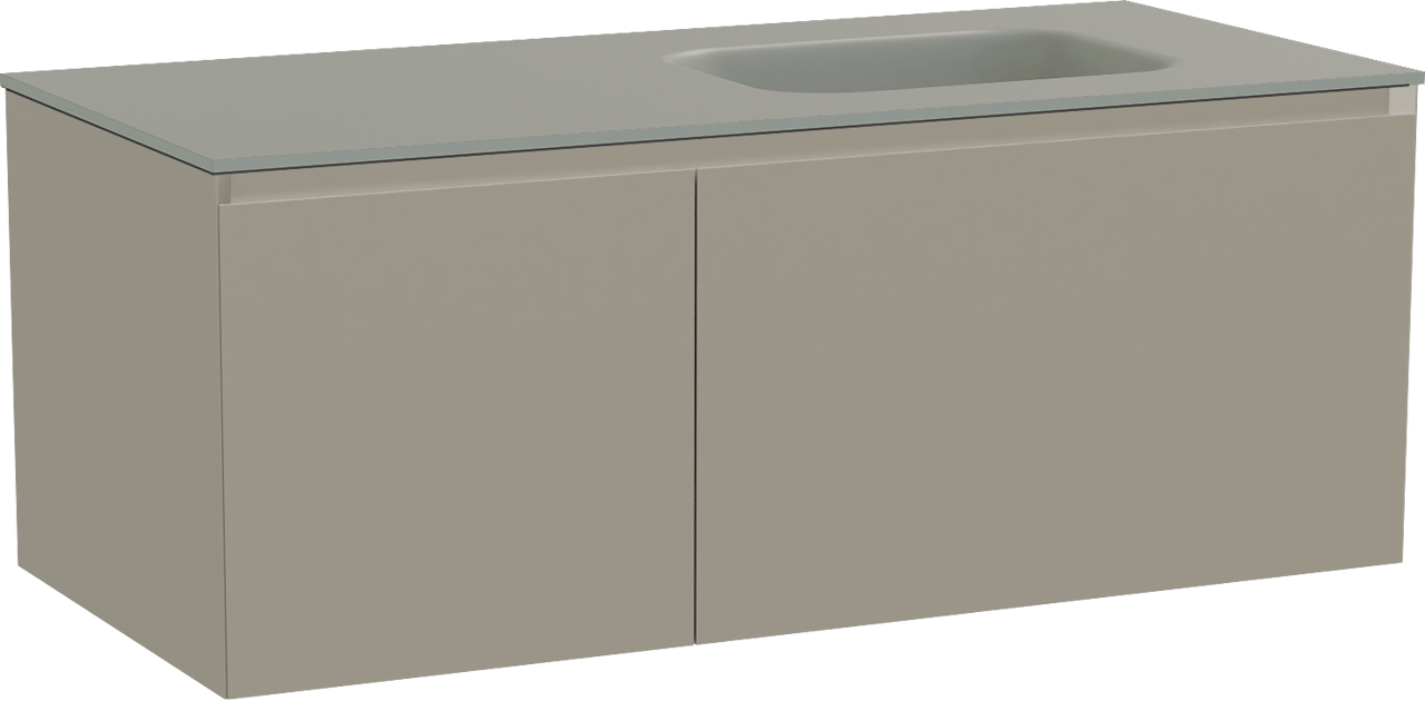 Balmani Idra by Mitra meuble salle de bains suspendu 120 x 55 cm gris pierre avec Tablo Arcato plan vasque asymétrique à droite en solid surface gris pierre