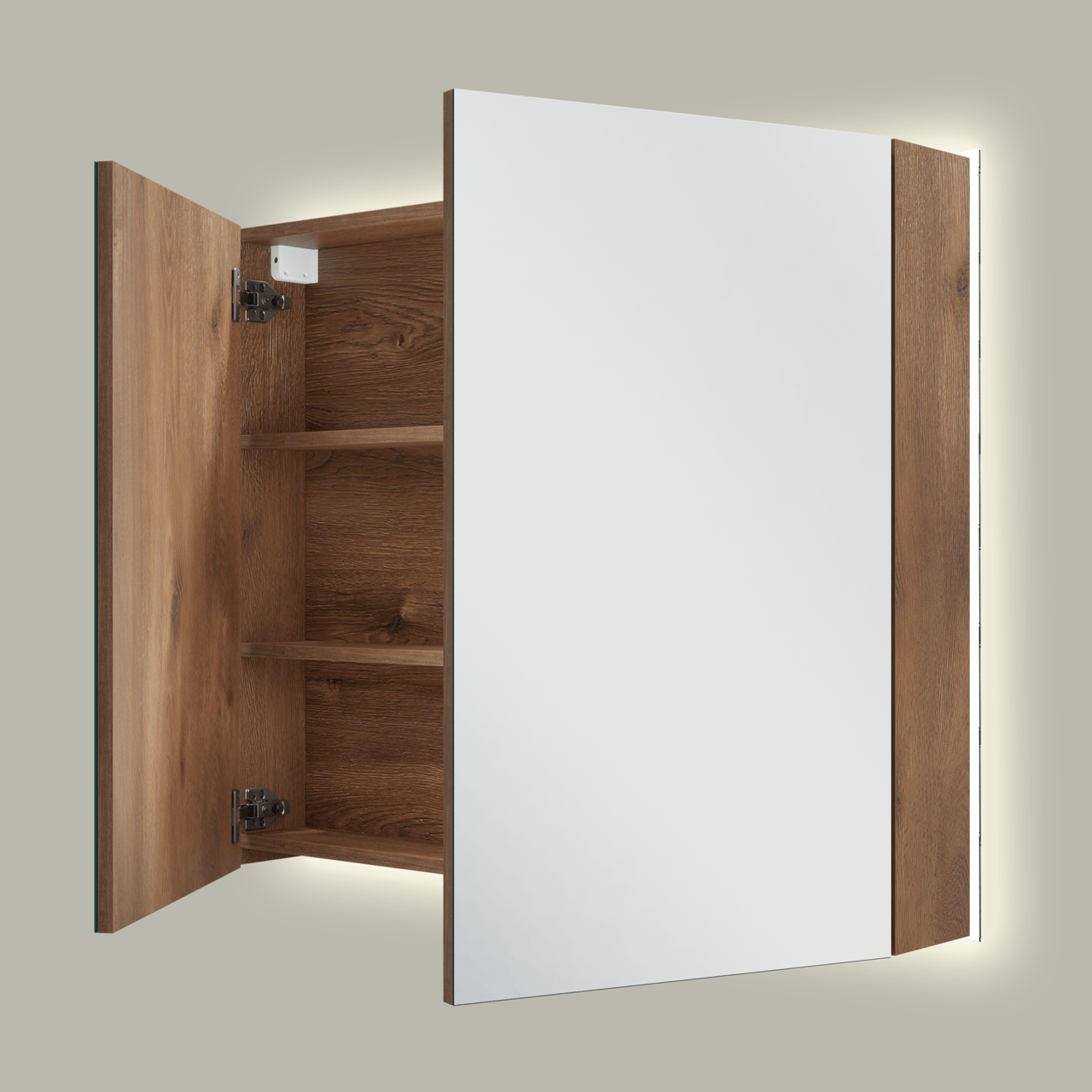 Linie Montro Spiegelschrank, 90 x 75 cm, braune Eiche, mit Spiegelbeleuchtung