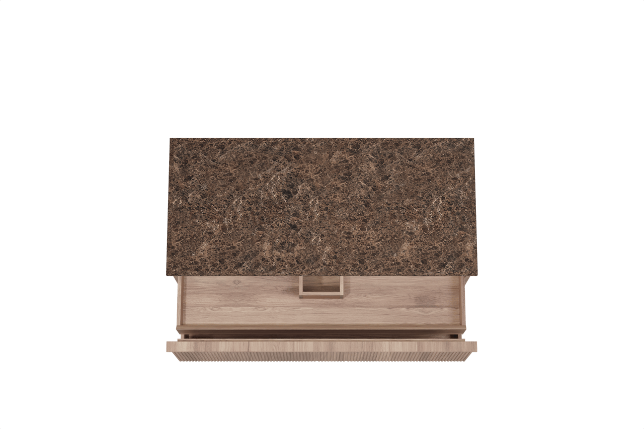 Balmani Forma hängendes Möbelstück Set: 120 x 55 cm, Teak, mit Stretto Einzel- oder Doppel Waschtischplatte, Marmor, Dark Emperador, Vertikale symmetrische gerade Rippe