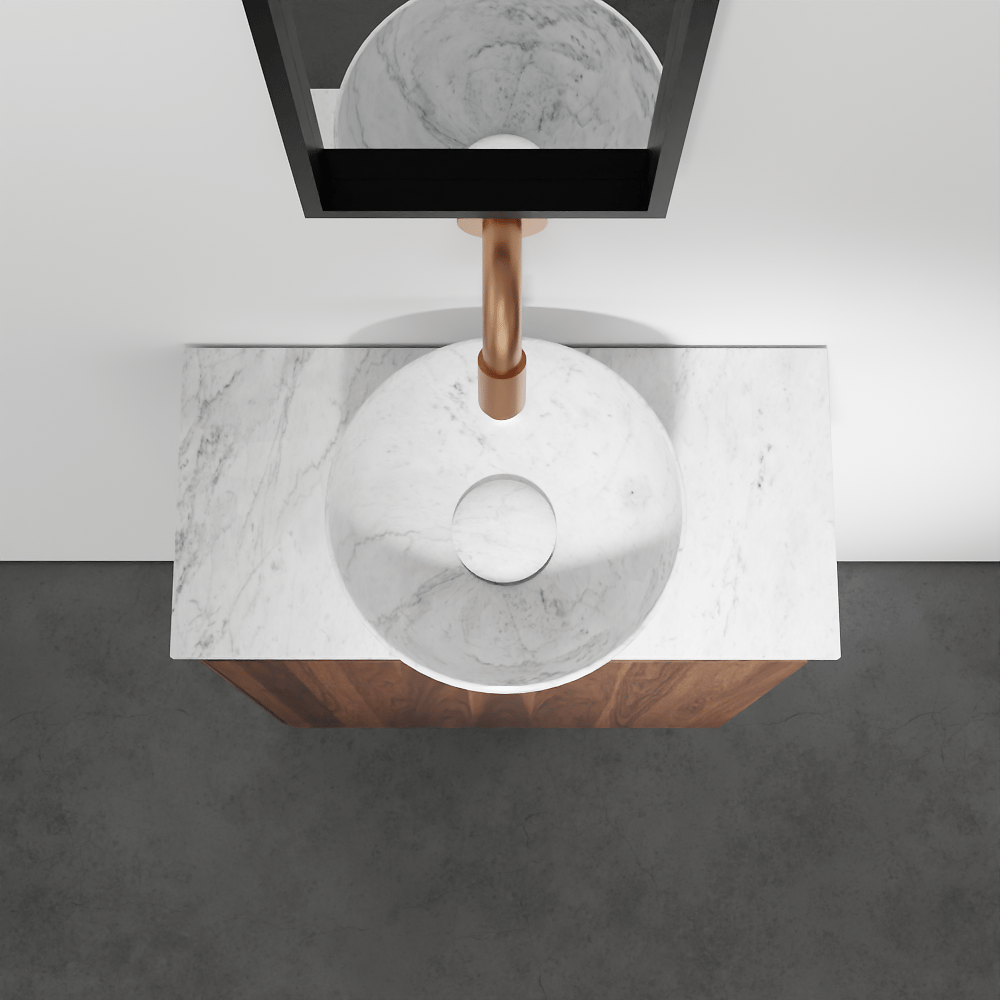 Balmani Mitra zwevend toiletmeubel 42 x 21 cm amerikaanse notelaar met Facetta tablet en Bari XS waskom in Carrara marmer