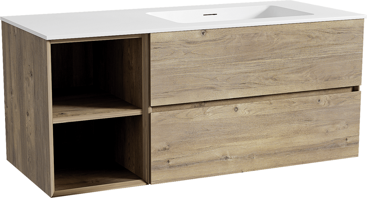 Storke Edge meuble salle de bains suspendu 120 x 52 cm chêne brut avec Mata plan vasque asymétrique à droite en solid surface blanc mat