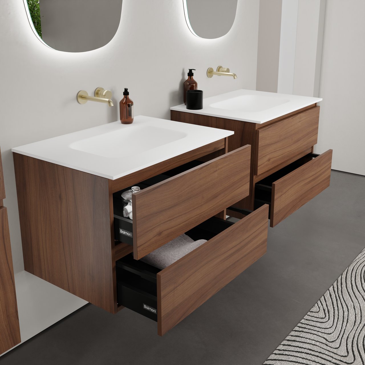 Balmani Lucida meuble salle de bains suspendu 75 x 55 cm noyer américain avec Tablo Arcato plan simple en solid surface blanc mat