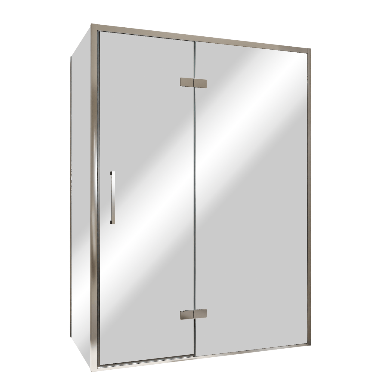 Balmani Senses Design douche en coin avec porte pivotante à droite et paroi latérale fixe, 140 x 100 cm, Miroir Reflex, Profil chrome