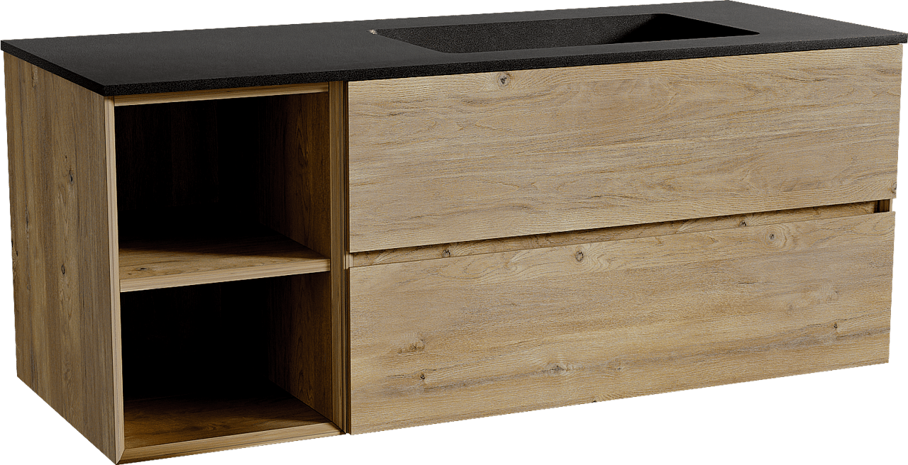 Storke Edge zwevend badmeubel 130 x 52 cm ruw eiken met Scuro asymmetrisch rechtse wastafel in kwarts mat zwart