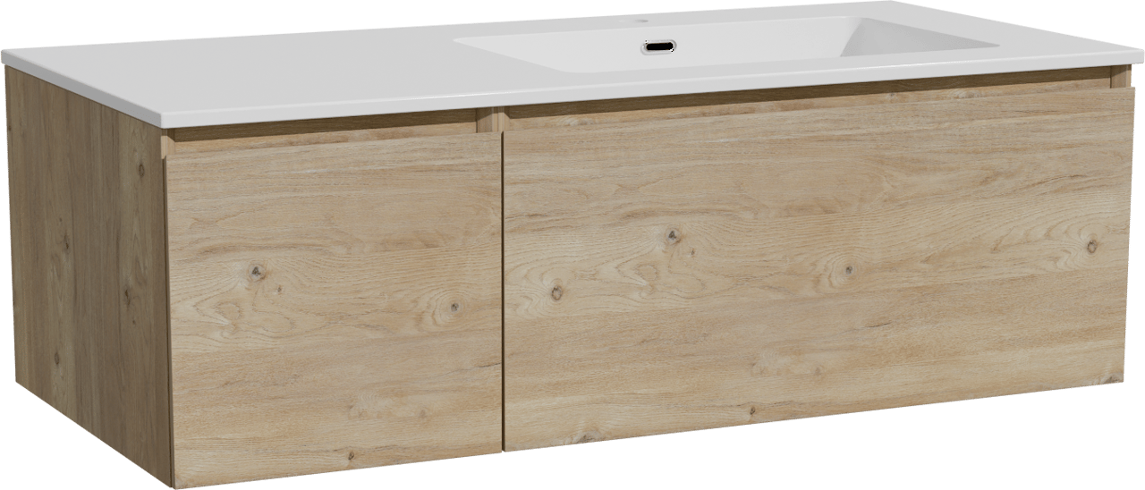 Storke Edge meuble salle de bains suspendu 110 x 52 cm chêne brut avec Diva vasque asymétrique droite en marbre composite blanc brillant