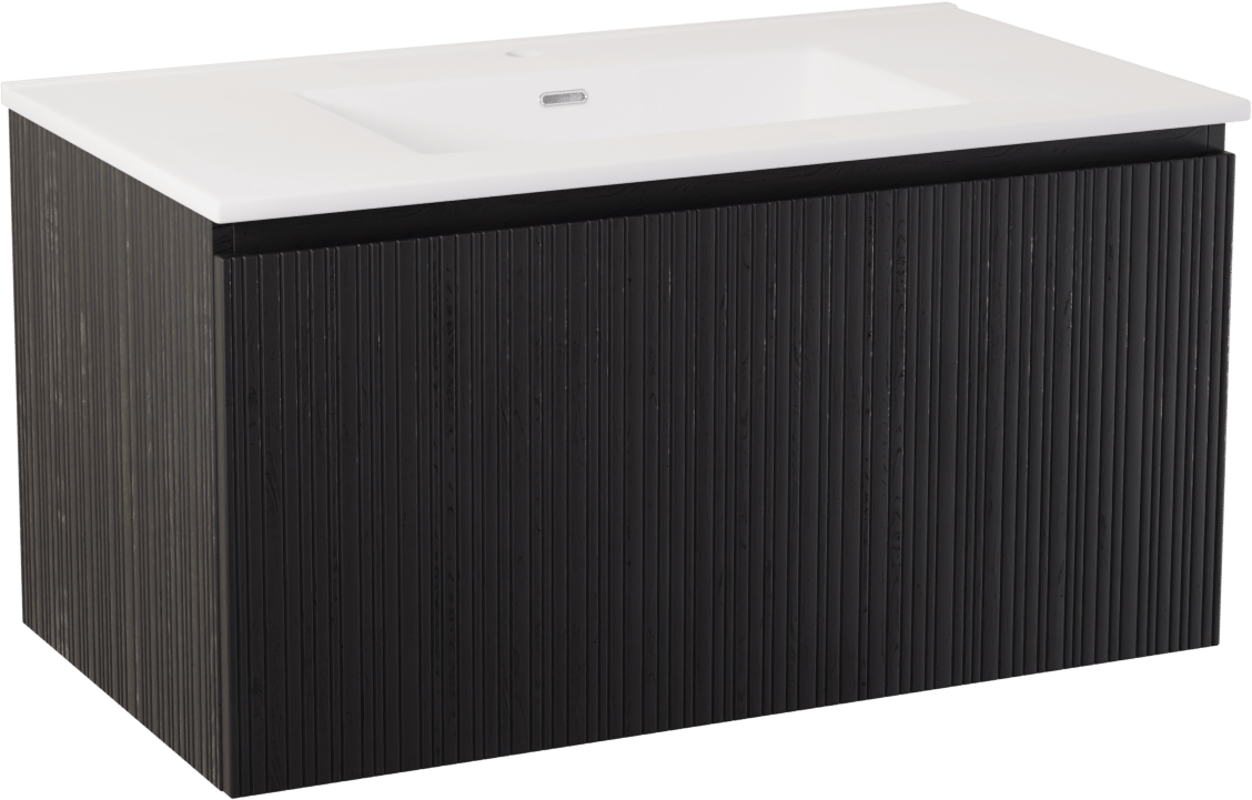 Storke Ribs meuble salle de bains suspendu 95 x 52 cm chêne noir avec Kera plan simple en céramique blanc mat, bonde incluse