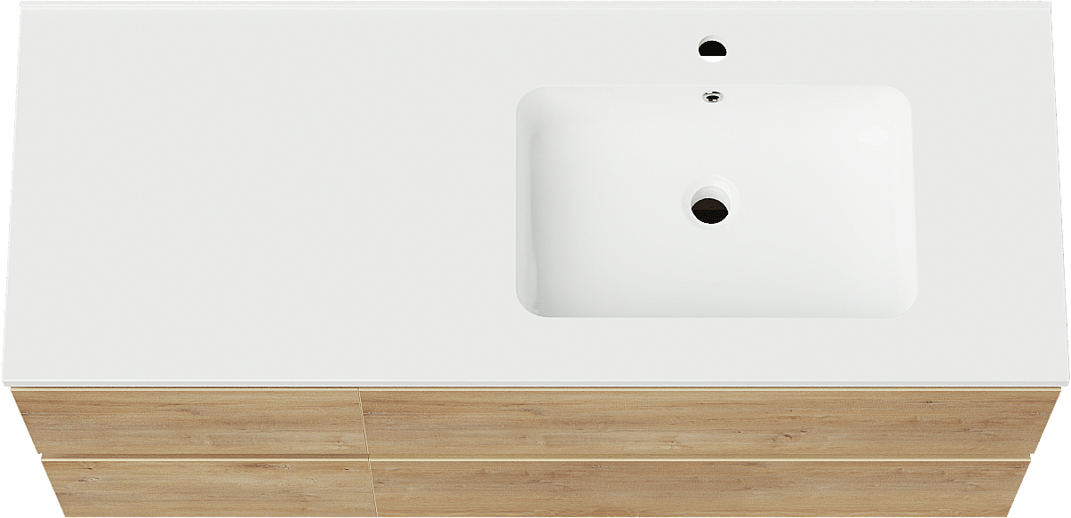 Linie Lado meuble salle de bains suspendu 120 x 46 cm chêne naturel avec Vano vasque asymétrique droite en marbre composite blanc brillant