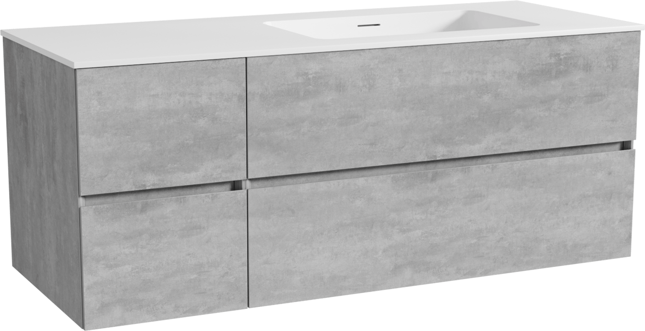 Storke Edge meuble salle de bains suspendu 130 x 52 cm béton gris foncé avec Mata plan vasque asymétrique à droite en solid surface blanc mat