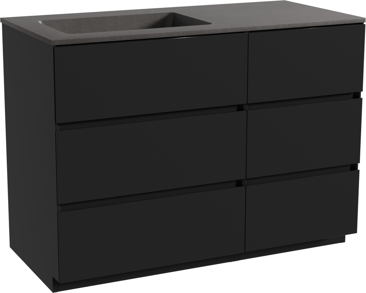 Storke Edge staand badmeubel 110 x 52 cm mat zwart met Scuro asymmetrisch linkse wastafel in kwarts mat zwart