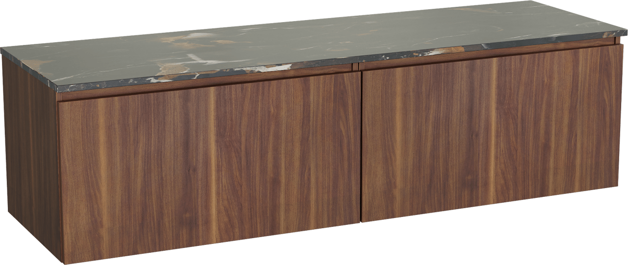 Balmani Sfera by Lucida meuble salle de bains suspendu 180 x 55 cm noyer américain avec Stretto tablette simple ou double en marbre portoro gold