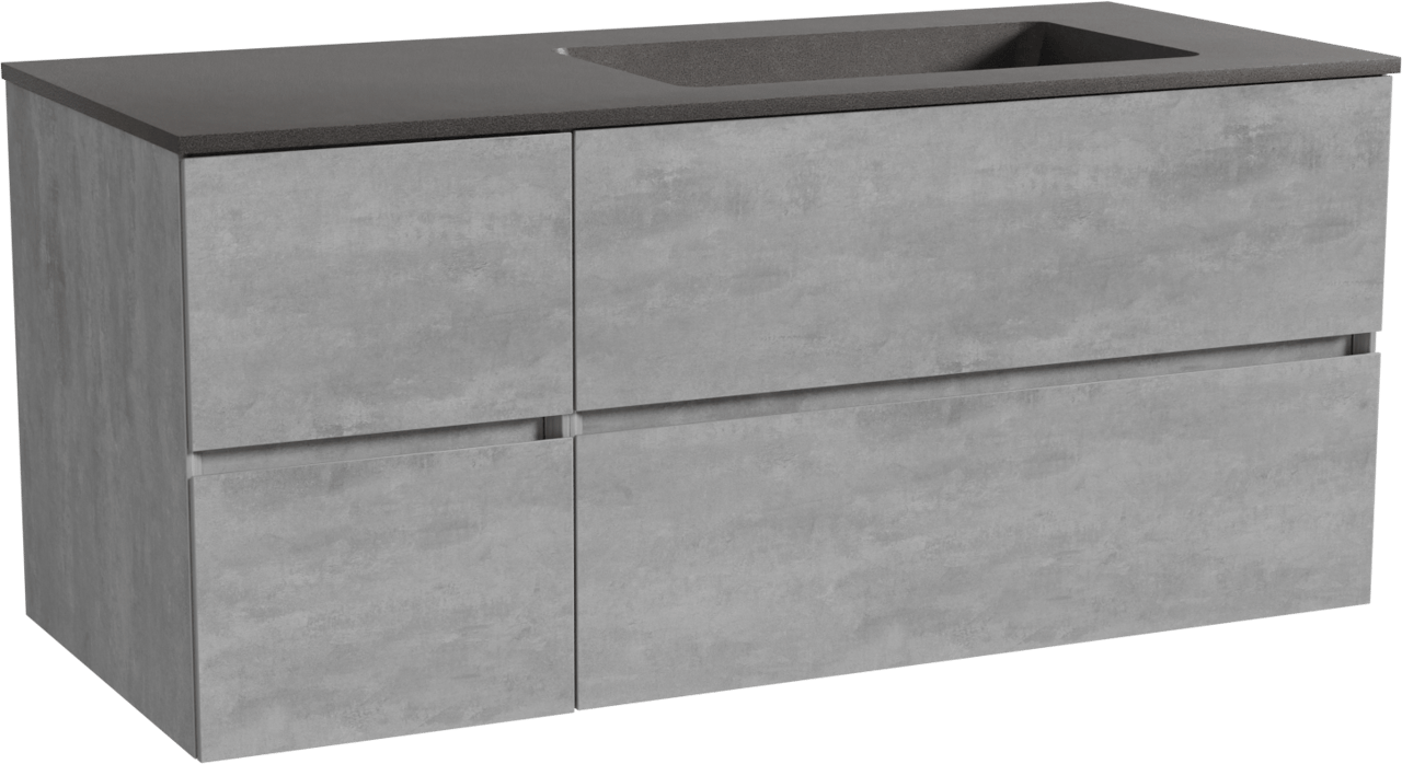 Storke Edge meuble salle de bains suspendu 120 x 52 cm béton gris foncé avec Scuro plan vasque asymétrique à droite en quartz noir mat