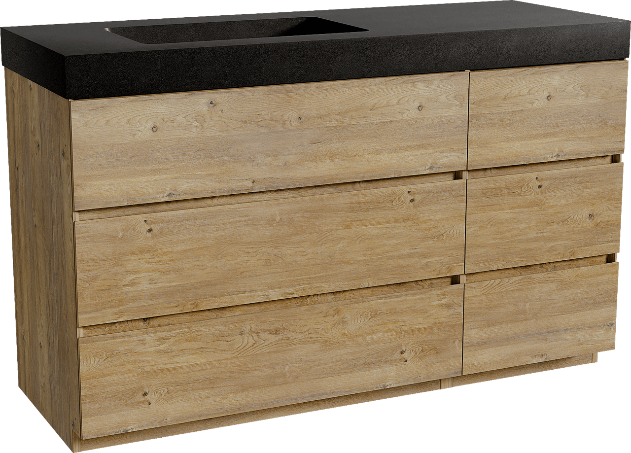 Storke Edge meuble salle de bains à poser 140 x 52 cm chêne brut avec Scuro High plan vasque asymétrique à gauche en quartz noir mat