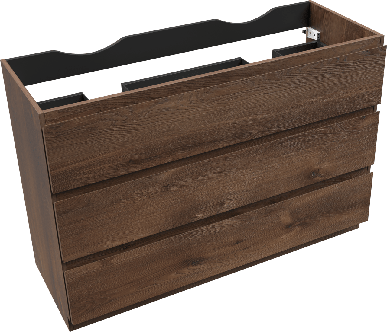 Linie Lado stehender Waschbeckenunterschrank: 120 x 46 cm, braune Eiche, 3 Schubladen
