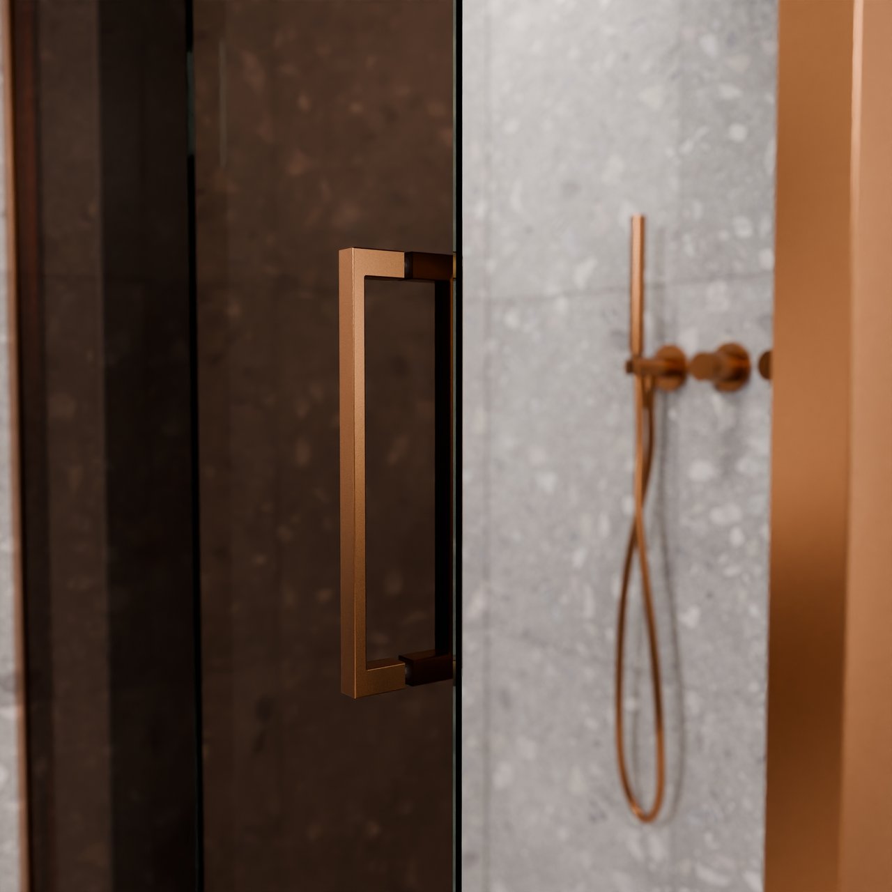 Balmani Senses Design douchehoek met linkse schuifdeur en vaste zijwand, 160 x 90 cm, Brons, Brushed Rosegold profielen