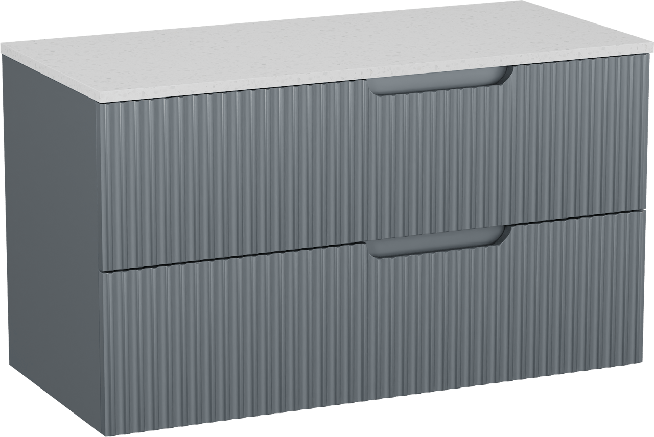 Linie Ribbo zwevend badkamermeubel 100 x 46 cm blauw antraciet met Lado enkel of dubbel tablet in melamine terrazzo wit, Verticale symmetrische ronde ribbel