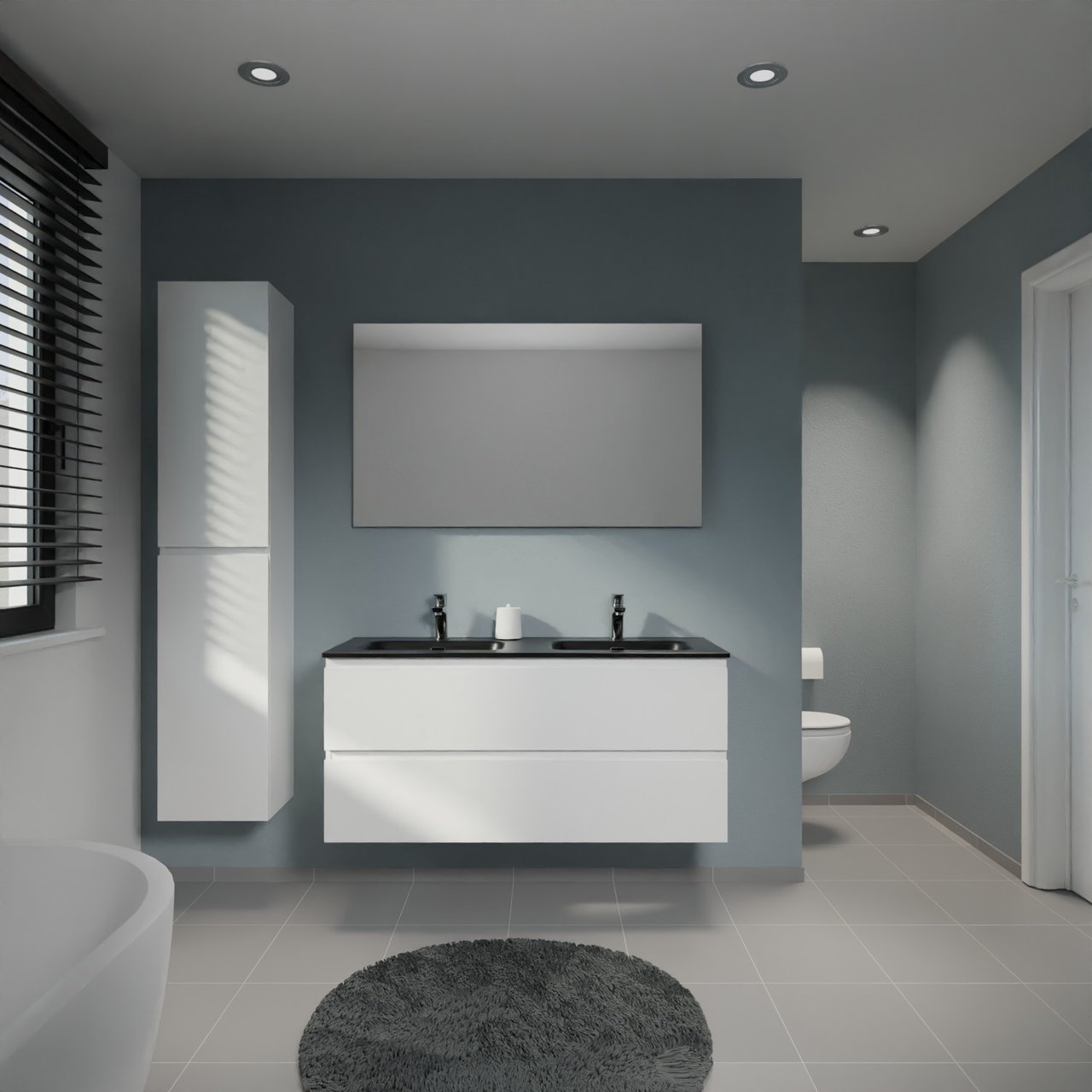 Linie Lado meuble salle de bains suspendu 120 x 46 cm blanc brillant avec Baro double vasque en porcelaine noir mat