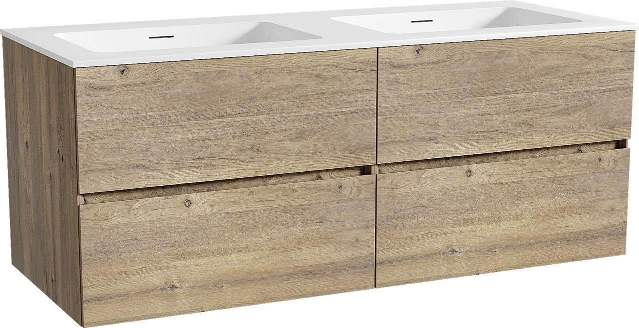 Storke Edge hängendes Möbelstück Set: 130 x 52 cm, Rohe Eiche, mit Mata Doppelwaschtisch, Solid Surface Weiß matt